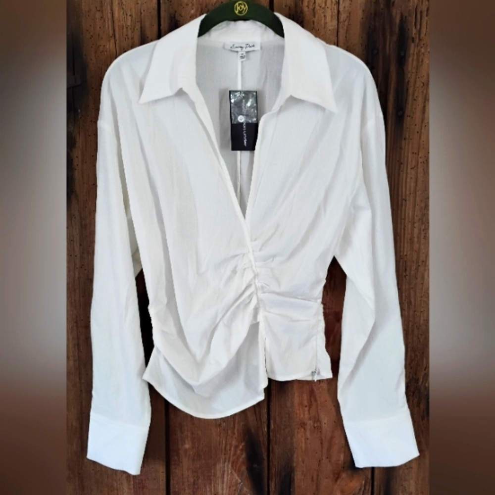 South Moon Under Sz M White Dress Shirt V-neck Pleated Long Sleeves